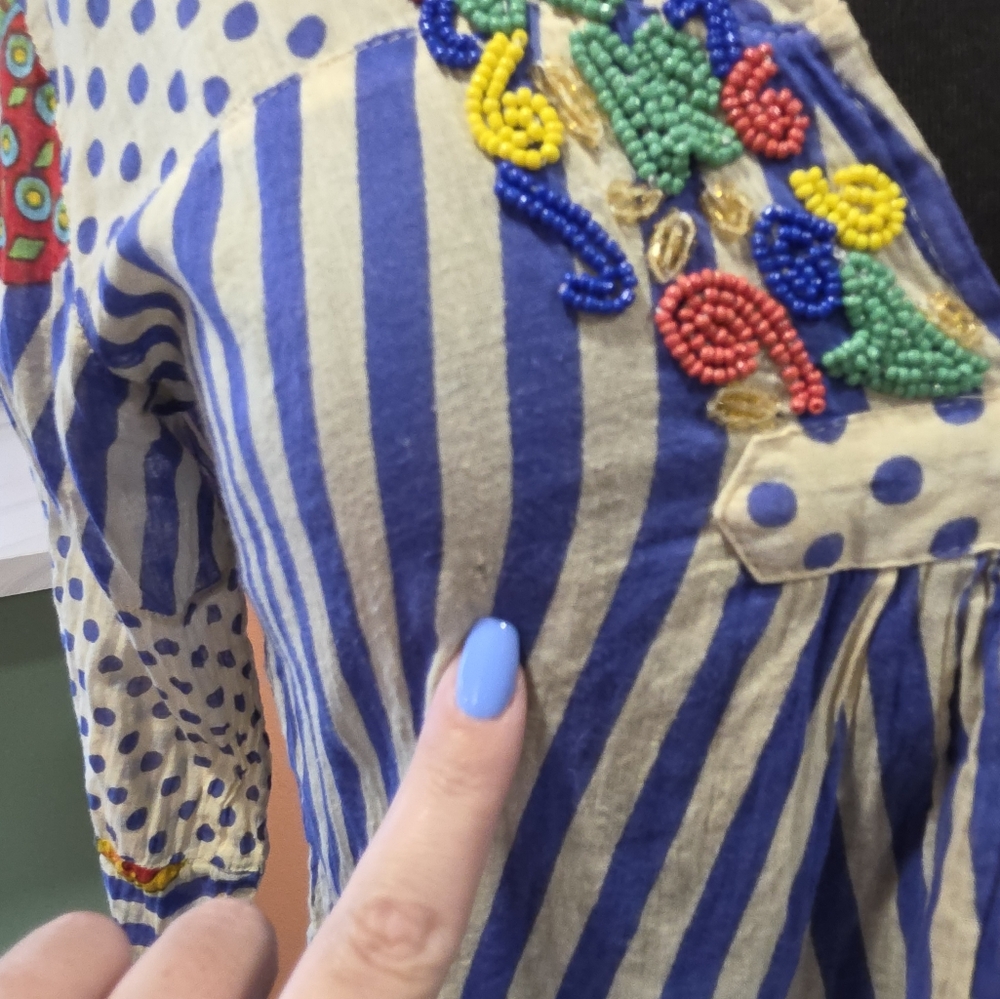 Positano By Jean Paul Small Blue & Cream Beaded Embellished V-Neck Tunic Top - Picture 16 of 16